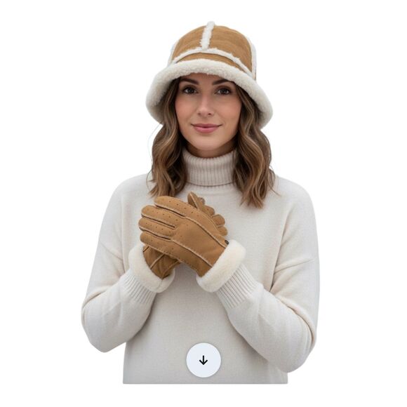 UGG Australia Shearling Sheepskin Bucket Hat & gloves Tan Leather Fur Trim Size - Picture 1 of 12